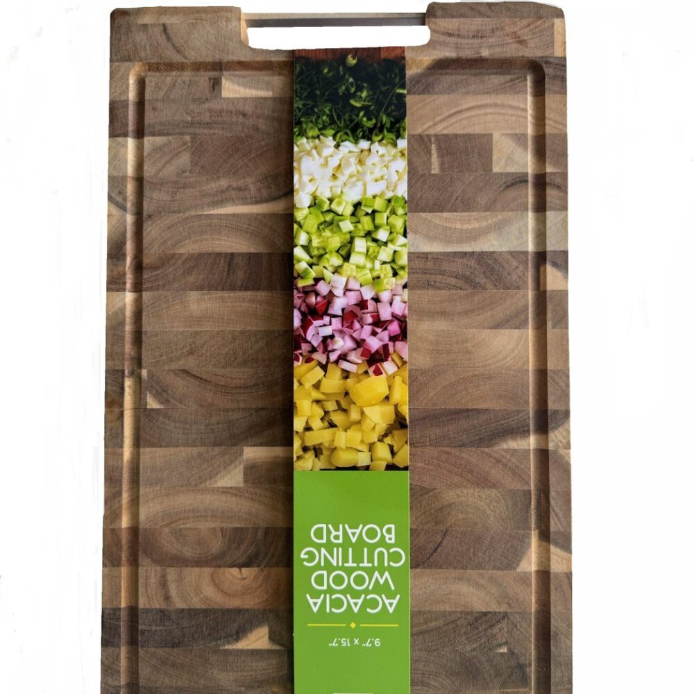 Acacia Wood Cutting Board, 9.7x 15.7", Metal Handle, Double-Sided, Juice Drain